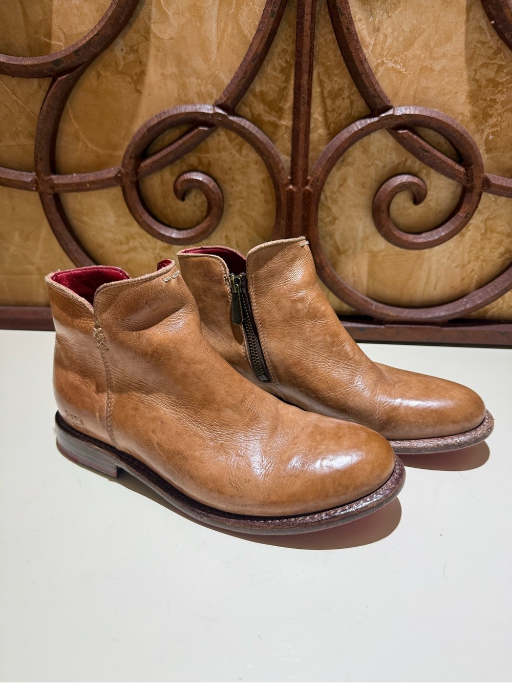 BED|STU Tan Leather Side-Zip Ankle Booties